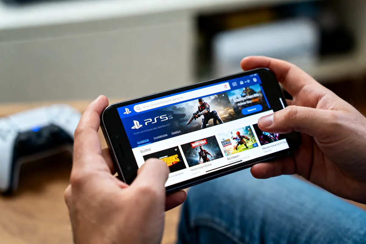Personne utilisant un smartphone affichant une page PlayStation PS5, manette de jeu en arrière-plan.