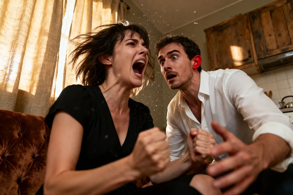 Une femme crie énervée, tandis qu'un homme l'observe, surprenant. Scène intense intérieure éclairée par fenêtre.