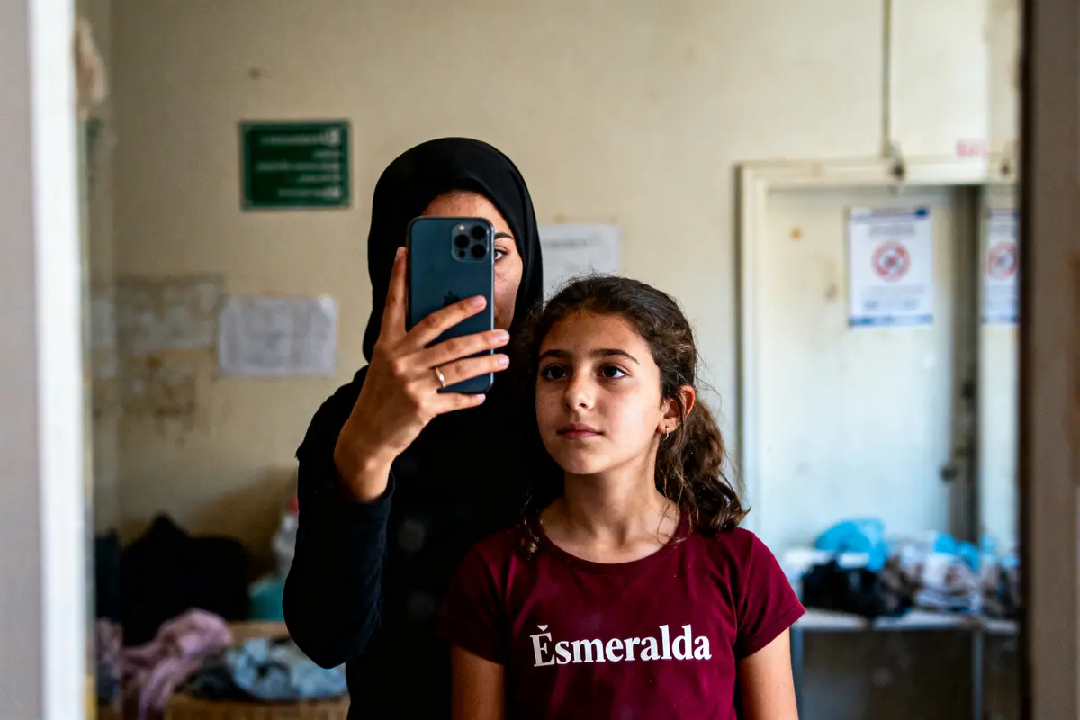 Deux personnes prennent un selfie dans un miroir, l'une portant un voile noir, l'autre un t-shirt "Esmeralda".