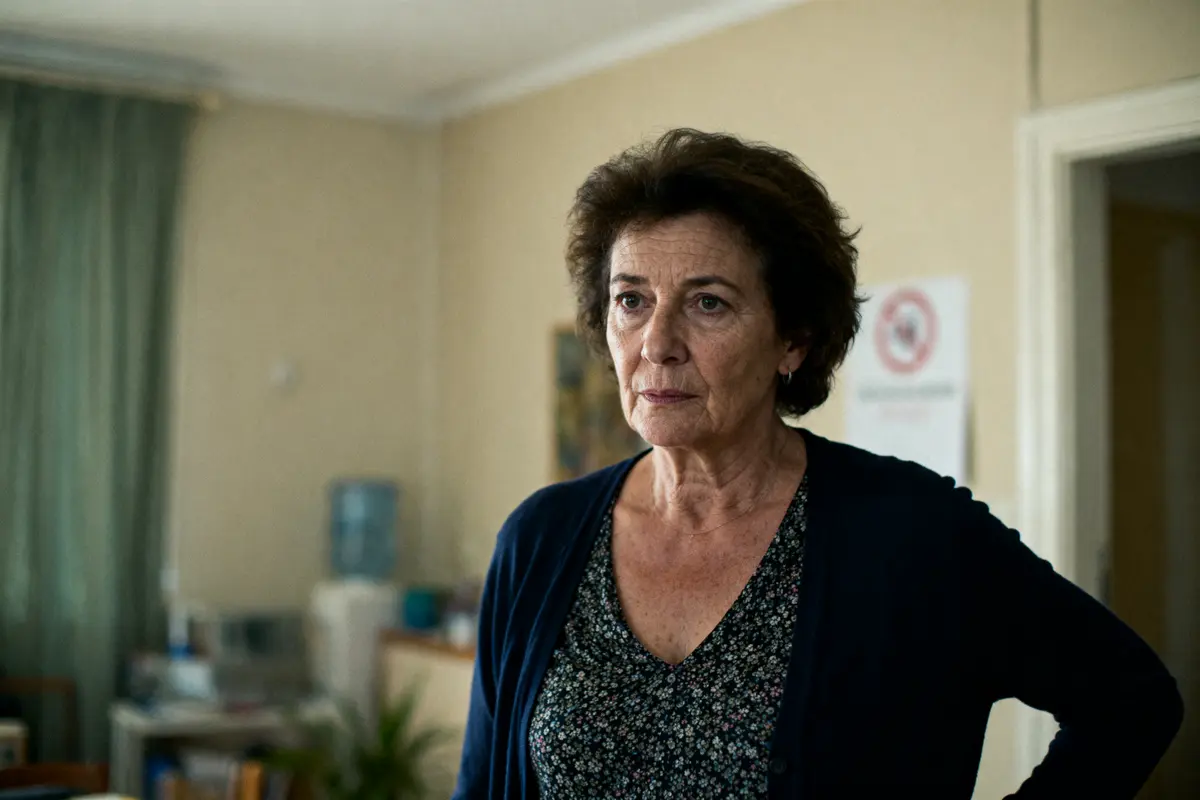Femme mature avec cheveux courts, air sérieux, debout dans une pièce bien éclairée, affiche en arrière-plan.