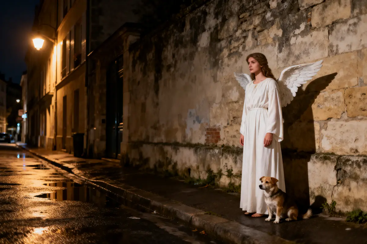 Femme en robe blanche avec ailes d'ange, debout avec chien dans une rue nocturne éclairée.