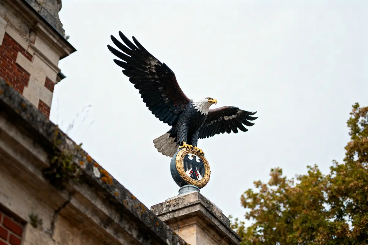 Statue d'aigle aux ailes déployées, perchée sur une façade ornée d'un blason.