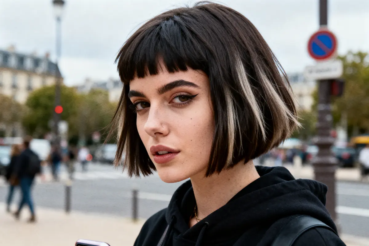 Jeune femme avec carré court, mèche blonde, aérien urbain flou en arrière-plan. Ella porte un sweat.