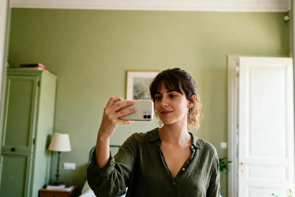 Femme prenant un selfie dans une chambre aux murs vert amande et armoire assortie