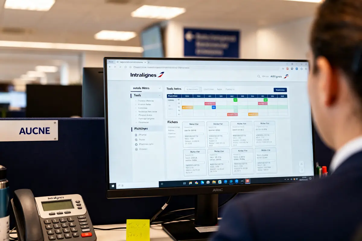 Personne utilisant un ordinateur avec écran affichant le logiciel Intralignes Air France en bureau