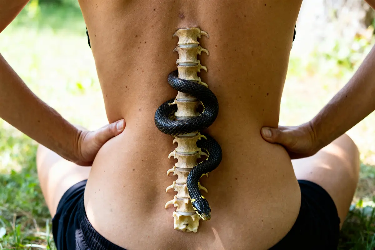 Serpent symbolisant la Kundalini enroulé autour d'une colonne vertébrale humaine exposée