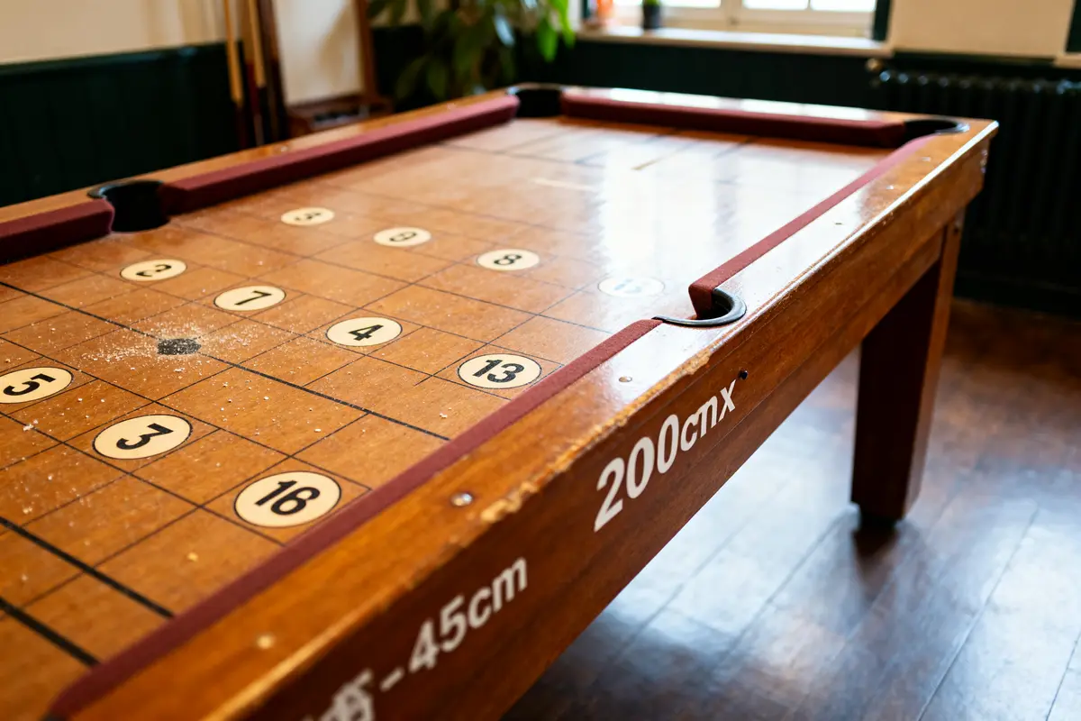 Table de billard japonais en bois avec numéros visibles et surface de jeu quadrillée