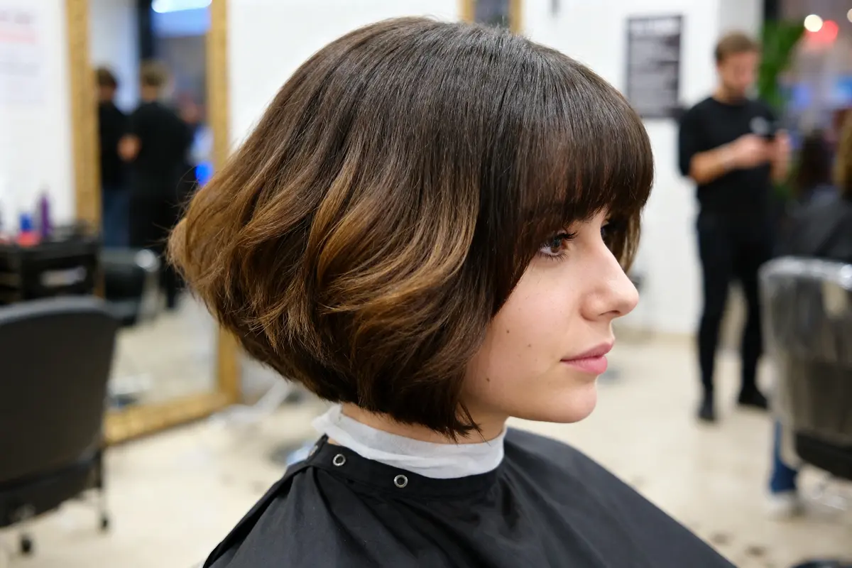Coupe courte élégante avec blowout taper en salon de coiffure moderne
