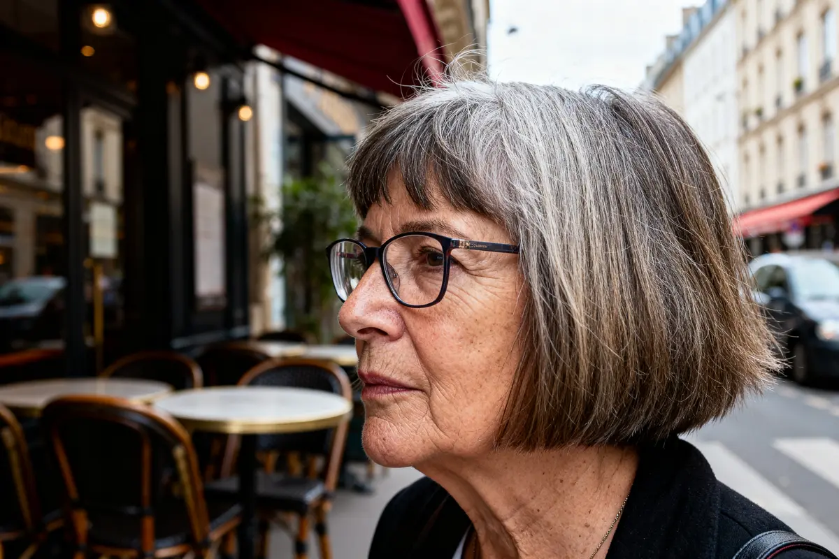 Femme de 60 ans avec lunettes, coupe de cheveux au carré grisonnante en extérieur