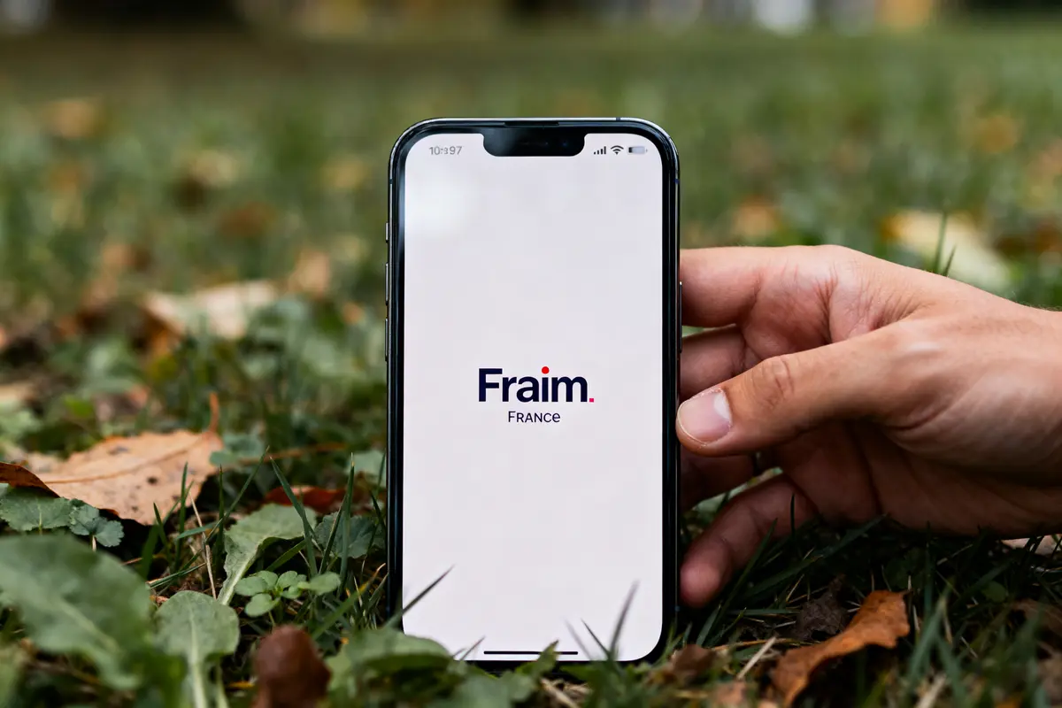 Smartphone affichant le logo Franim tenu par une main sur un fond d'herbe.
