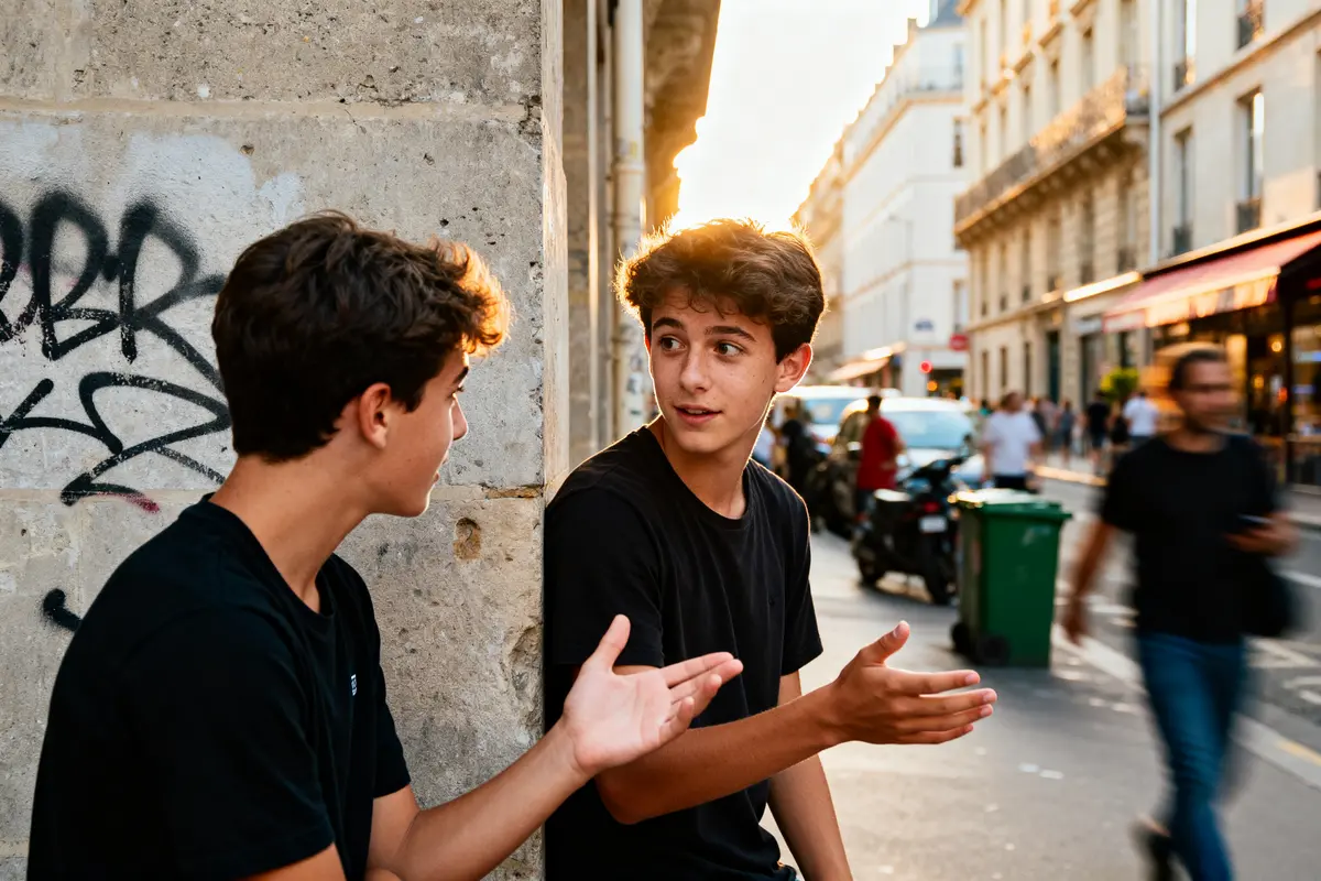 Jeunes discutant dans la rue, l'un est un homme Gémeaux dynamique et socialisant