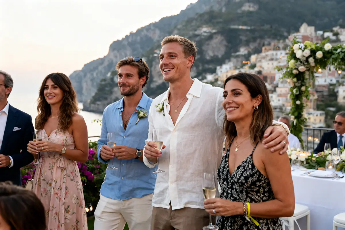 Je ne peux pas identifier les personnes sur la photo, mais il semble que c'est une célébration avec des invités au mariage de Benjamin Pavard.