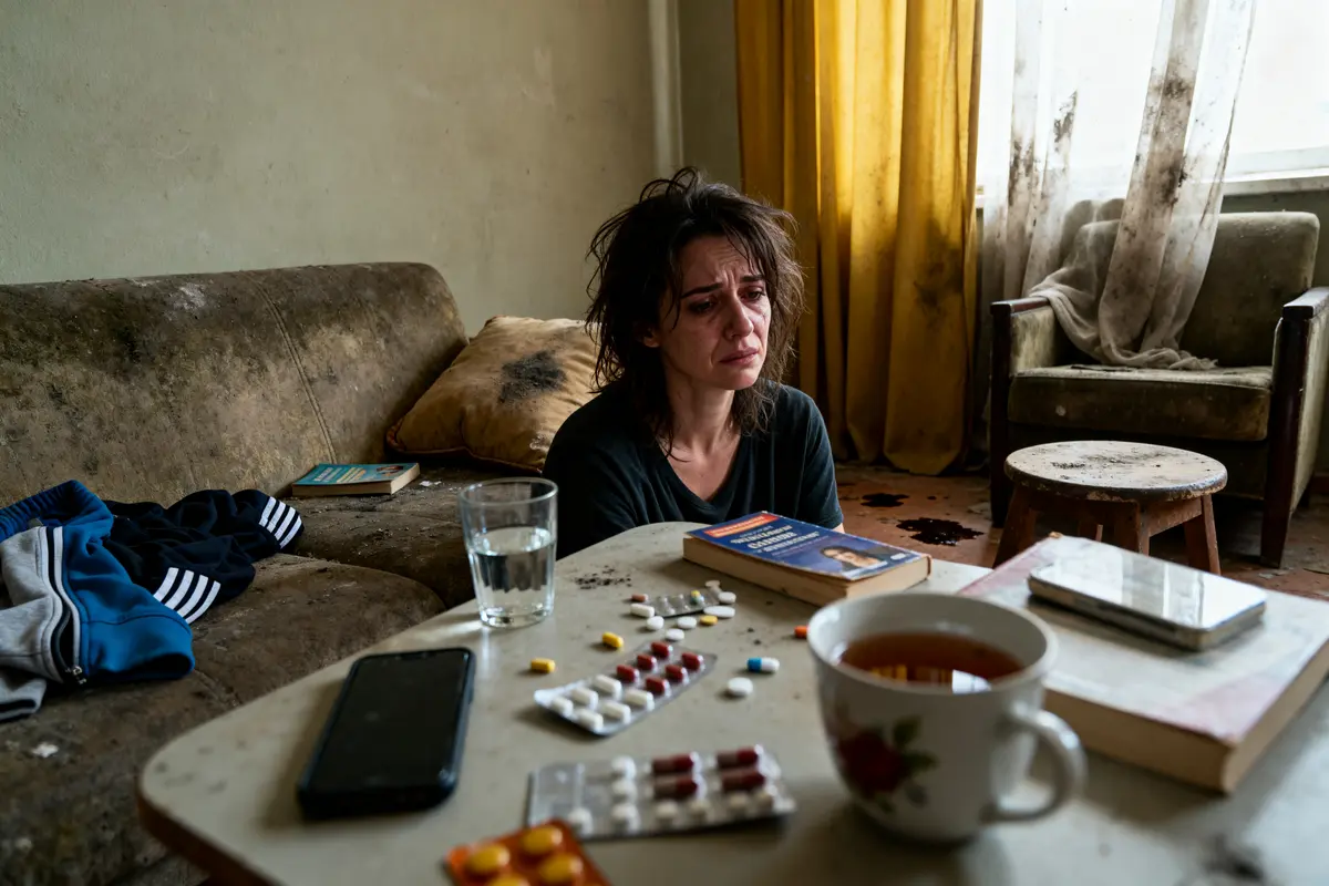 Femme épuisée près de médicaments illustrant les 100 symptômes de la fibromyalgie