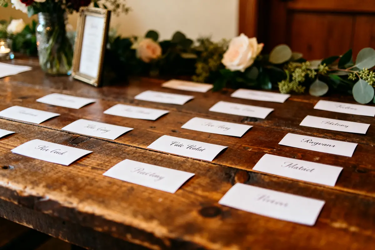 Cartes de noms sur une table en bois pour la liste d'invités de mariage.