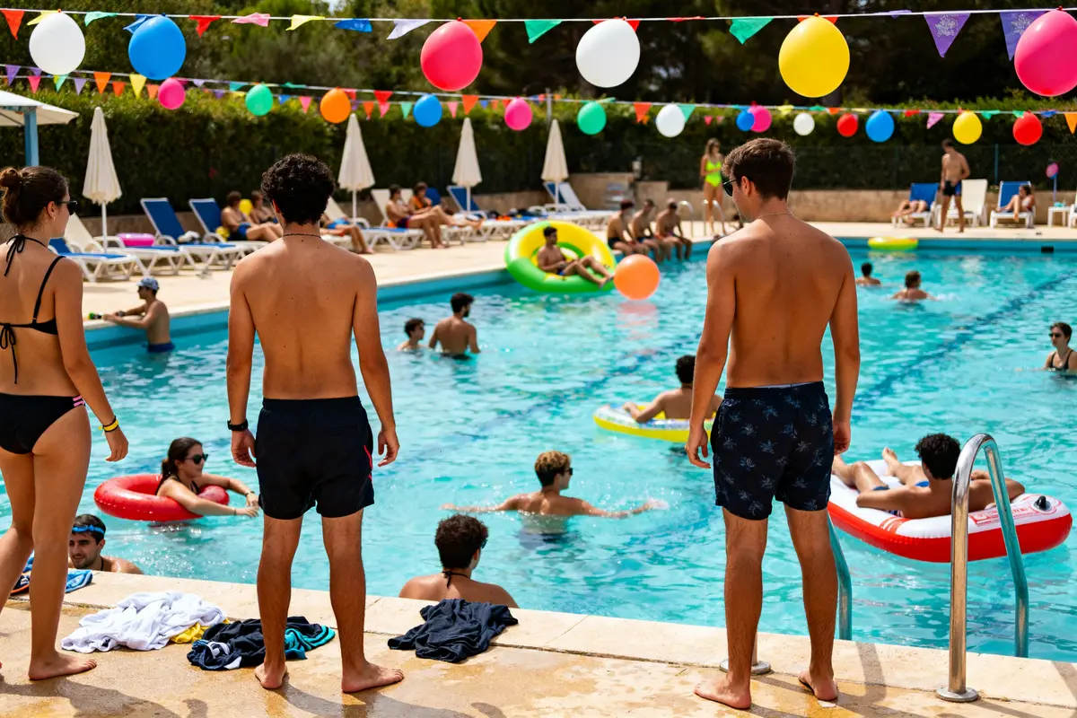 Des jeunes s'amusent dans une piscine décorée pour une pool party colorée et animée