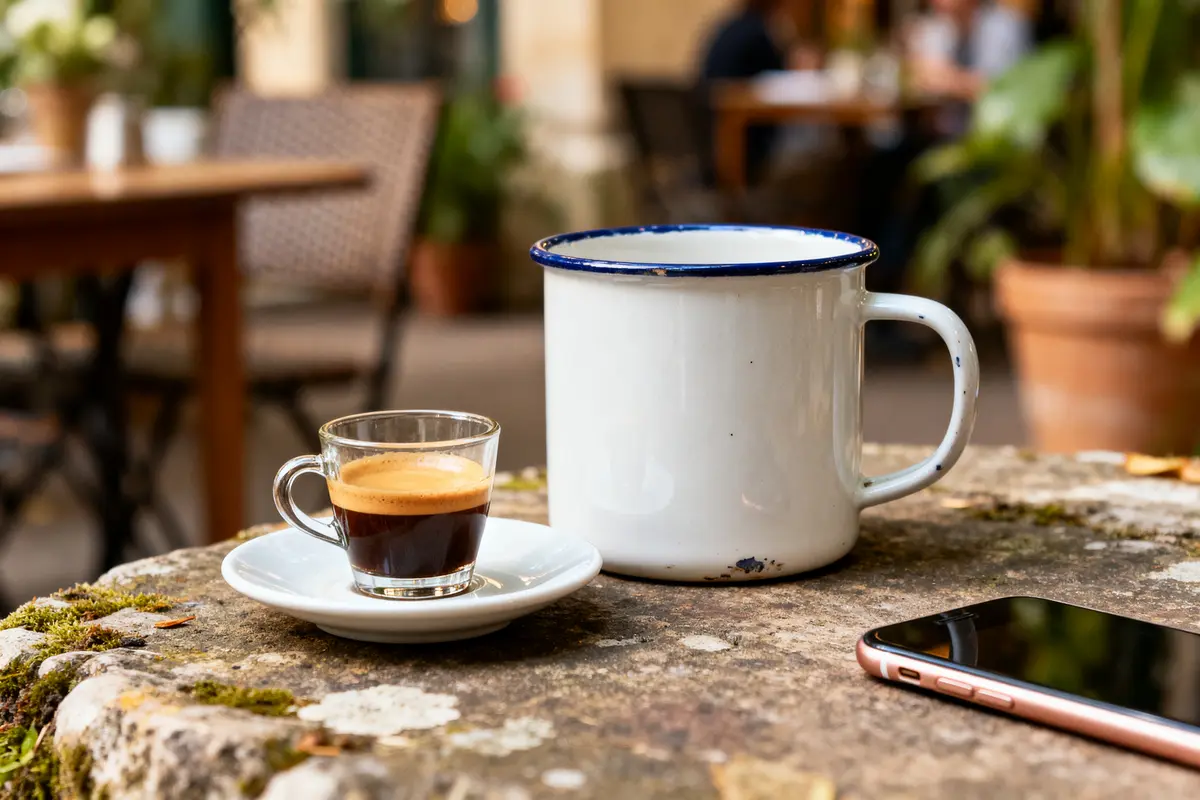 Tasse et mug sur table en extérieur avec service à café et smartphone posé près