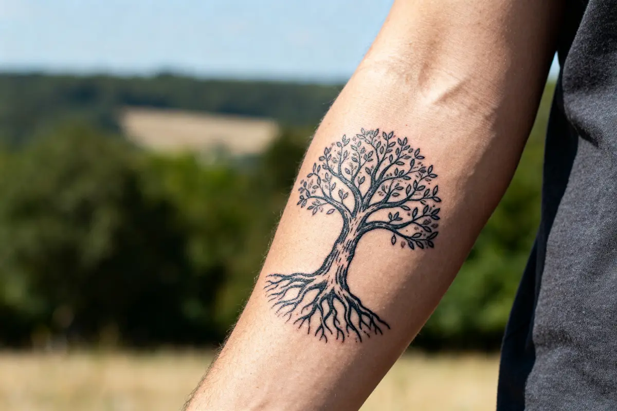Avant-bras avec tatouage arbre de la vie en plein air sur fond naturel
