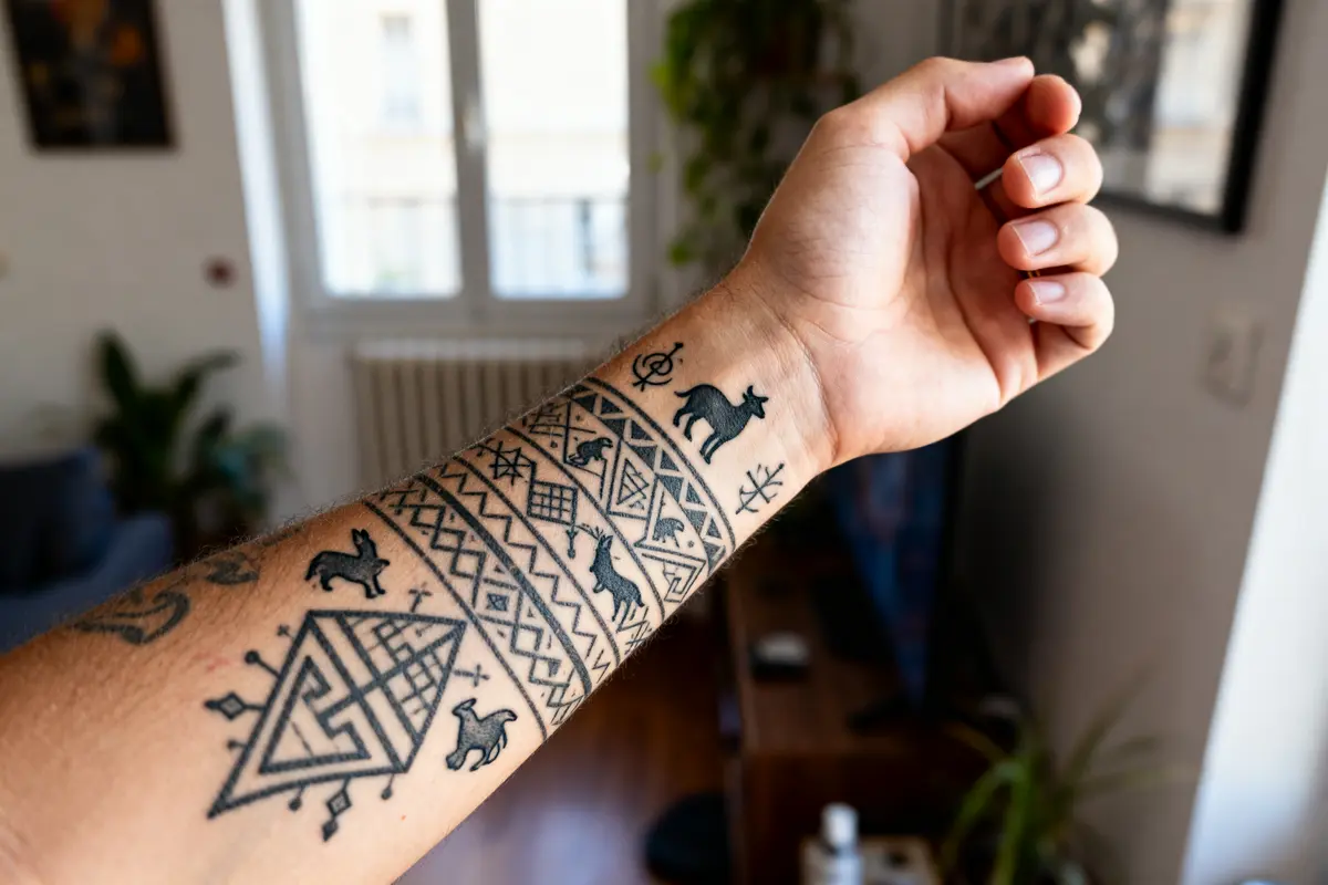 Tatouage au poignet pour homme avec motifs géométriques et animaux noirs