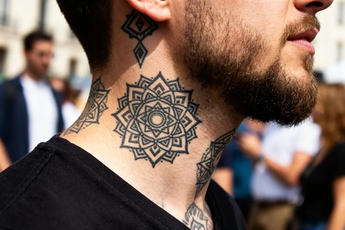 Homme barbu avec tatouage mandala dans le cou en extérieur public