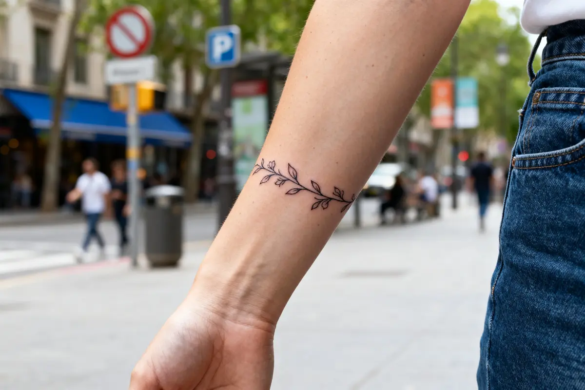 Femme en jean avec un tatouage discret sur l'avant bras pour femme en rue animée