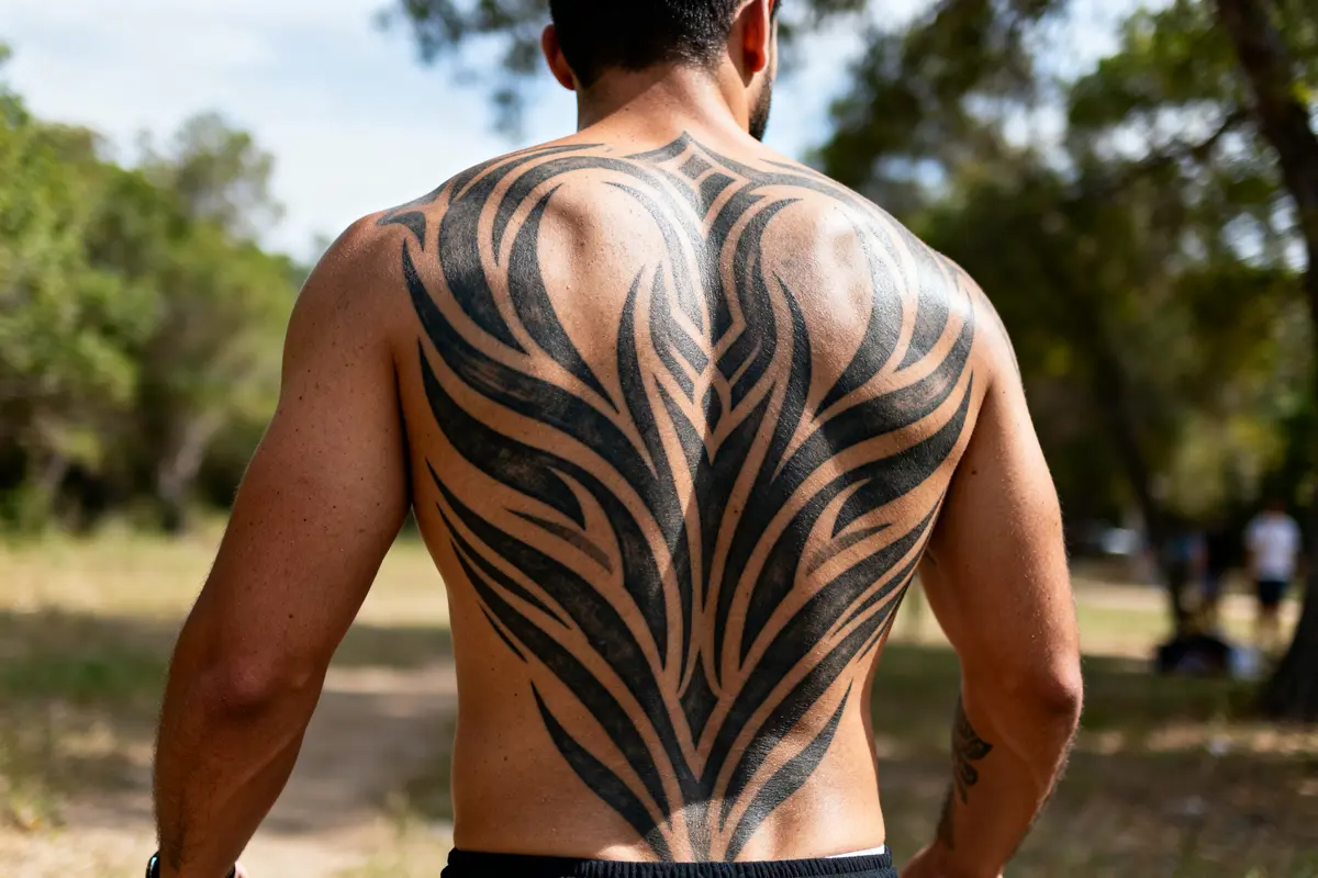 Homme avec un tatouage du dos pour homme tribal noir en extérieur verdoyant