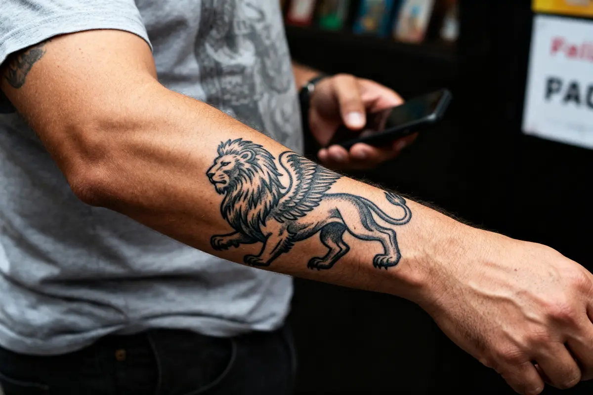 Homme avec tatouage lion ailé sur l'avant bras tenant un téléphone portable