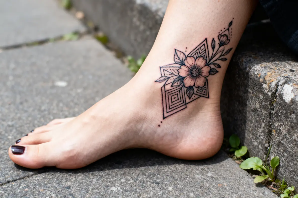 Tatouage pour femme à la cheville floral et géométrique sur peau nue sur le trottoir