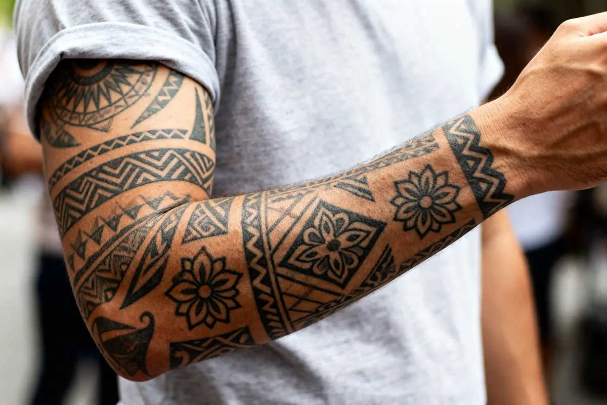 Homme portant un tatouage tribal complexe sur l'avant bras pour homme en extérieur