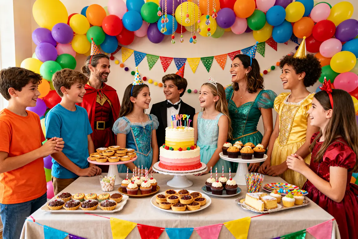 Enfants déguisés autour d'un gâteau pour un thème pour un anniversaire coloré et festif