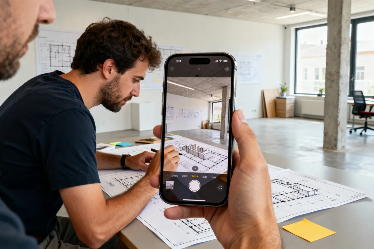 Un homme utilise Tooplans pour numériser des plans architecturaux avec son smartphone en bureau.