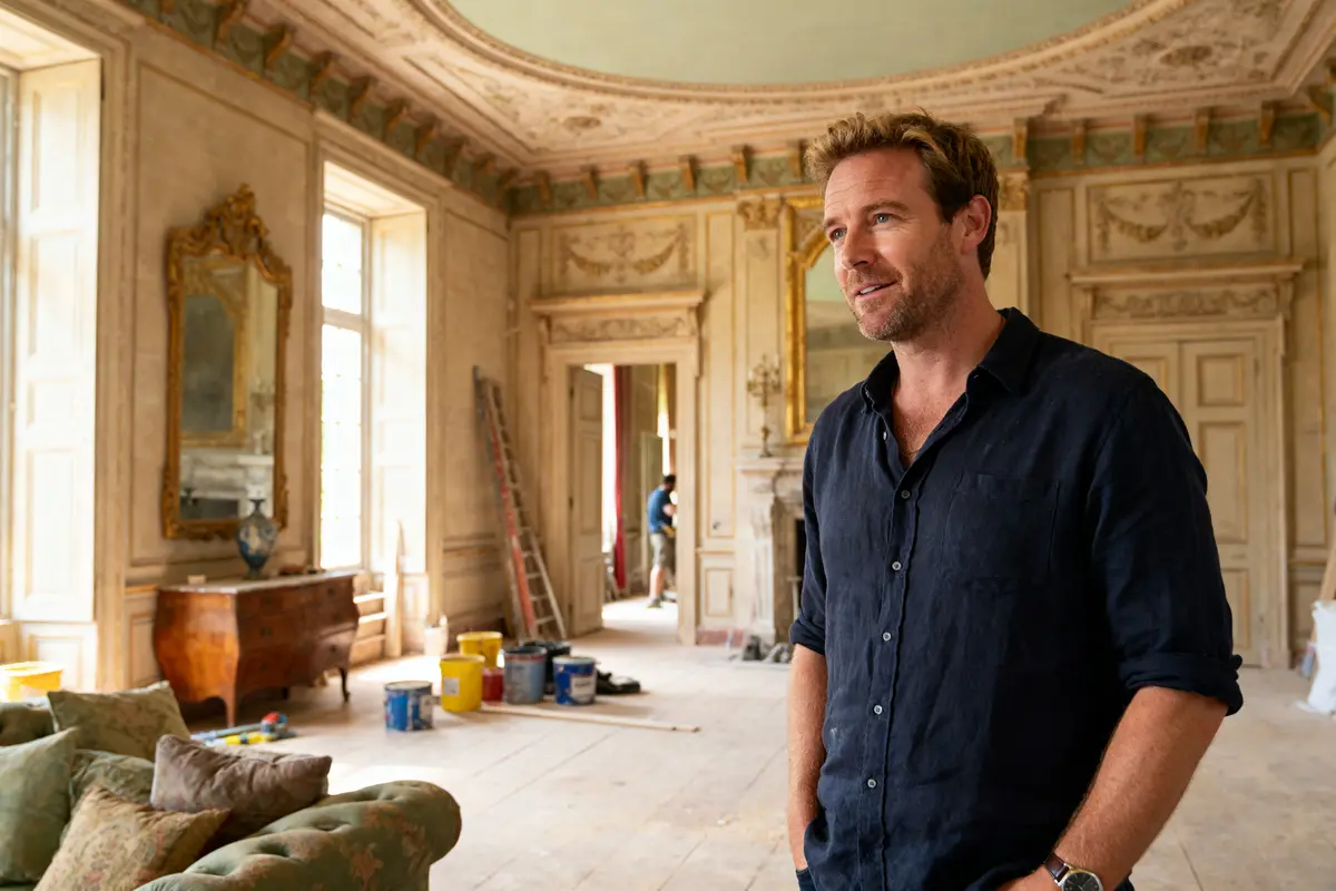Rénovation intérieure en cours dans un grand chateau avec décoration raffinée et ouvriers présents