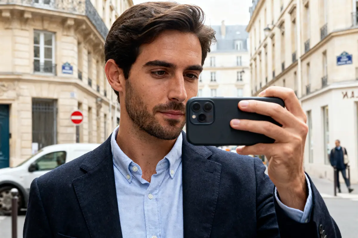 Homme en chic casual wear, prenant un selfie en extérieur urbain élégant