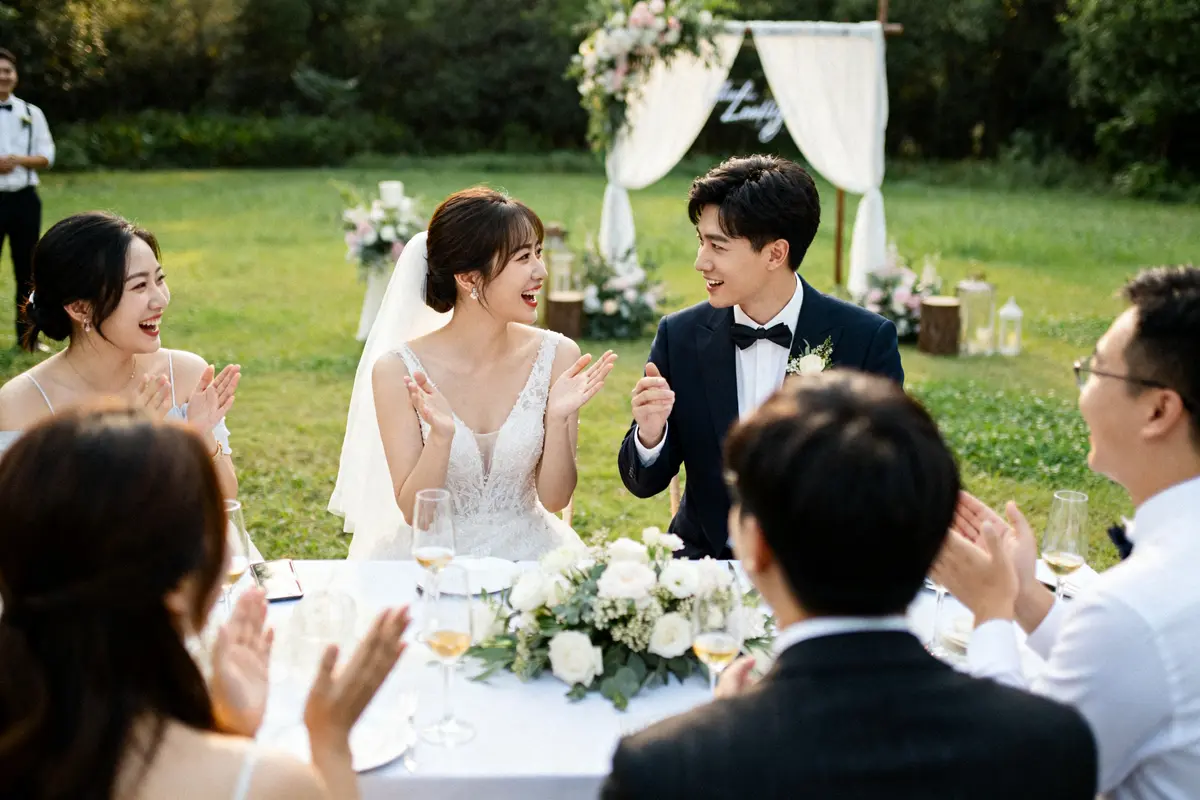 Mariage en plein air avec invités applaudissant les jeunes mariés ; combien de témoins prévoir