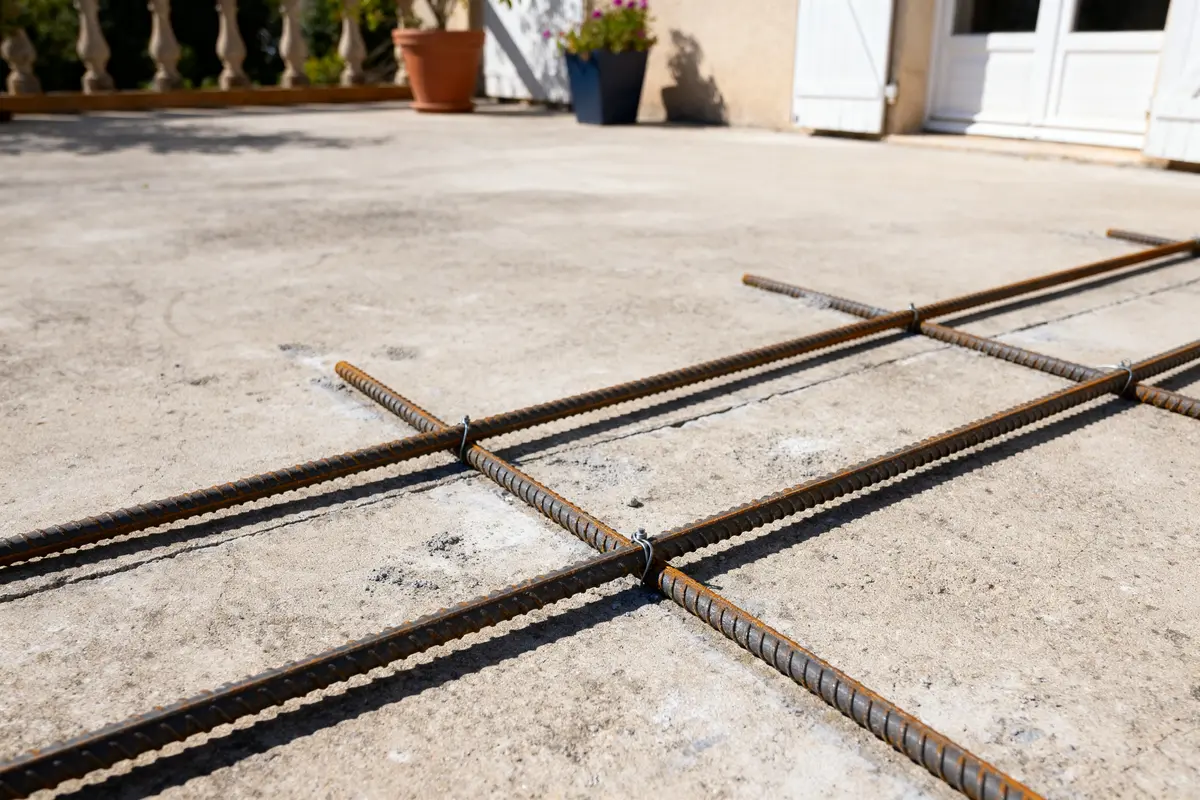 Barres d'armature posées sur une terrasse en dalle de béton extérieure.
