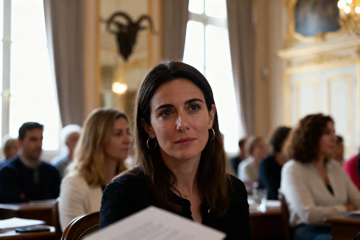 Femme concentrée en réunion avec tête de capricorne en arrière-plan