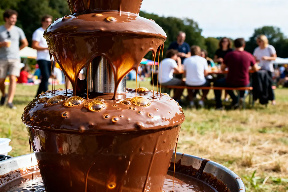 Gros plan d'une fontaine à chocolat avec des invités à l'arrière-plan lors d'un événement