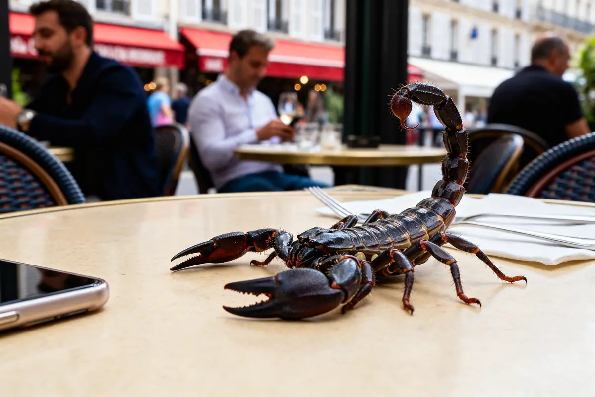 Scorpion sur une table de café parisien évoquant un homme Scorpion en amour mystérieux
