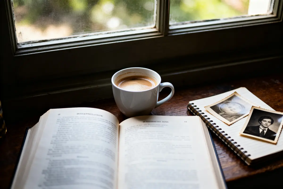 Livre sur l'interprétation des rêves de A à Z avec café et vieilles photos