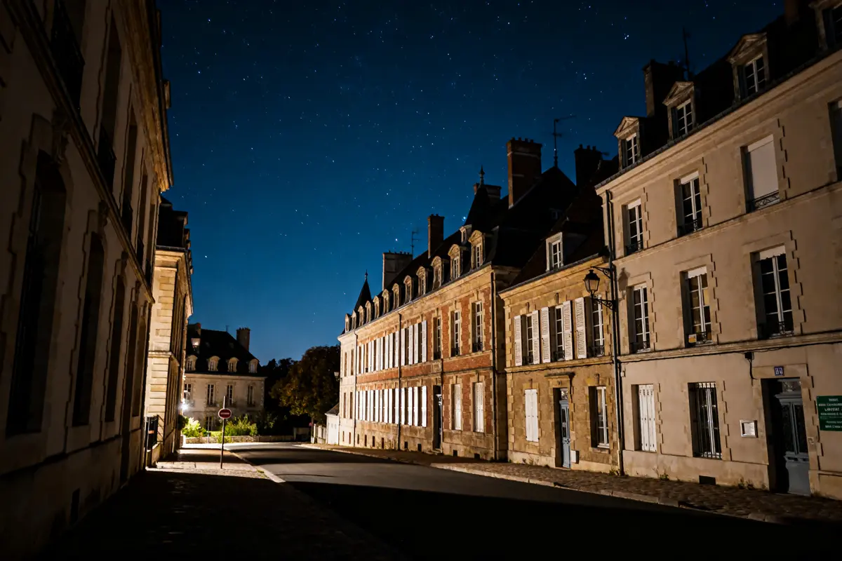 Rue nocturne sous ciel étoilé, évoquant la signification de minuit avec ses maisons anciennes éclairées