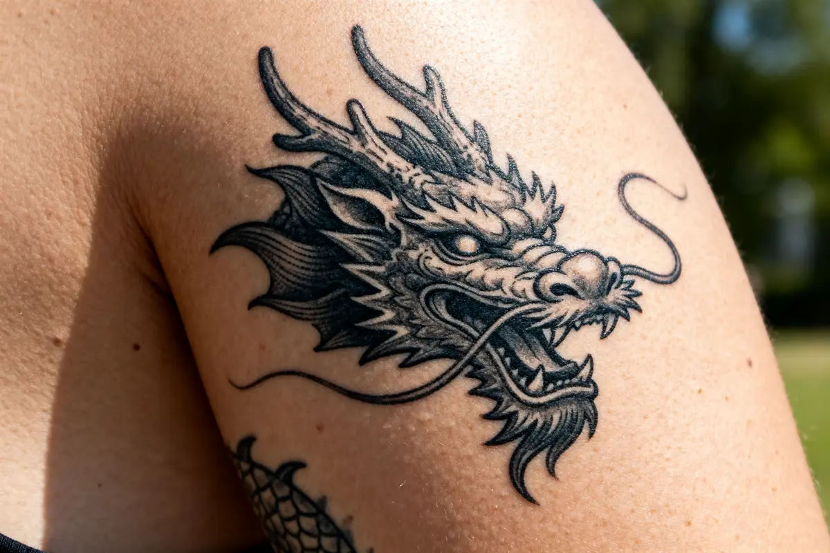 Tatouage de dragon noir sur bras, symbolisant la signification du dragon en tatouage