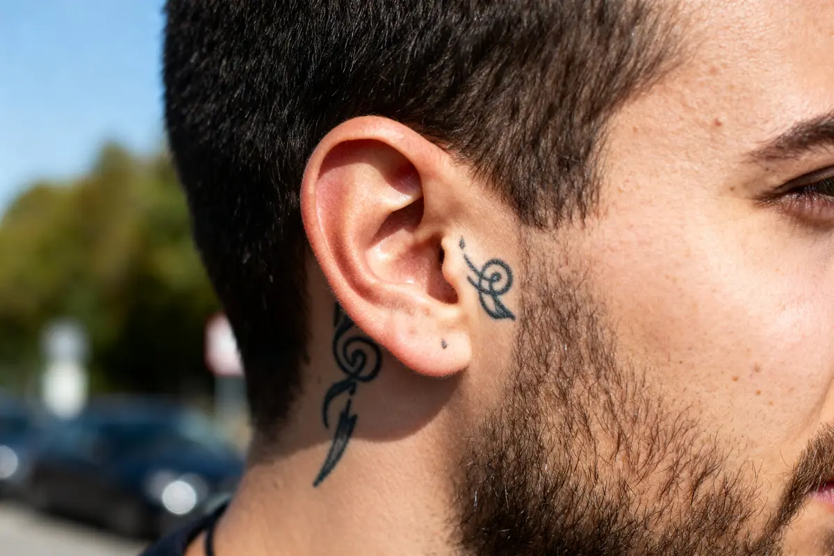 Tatouage derrière l'oreille en motif tribal, signification d'un tatouage discret et symbolique