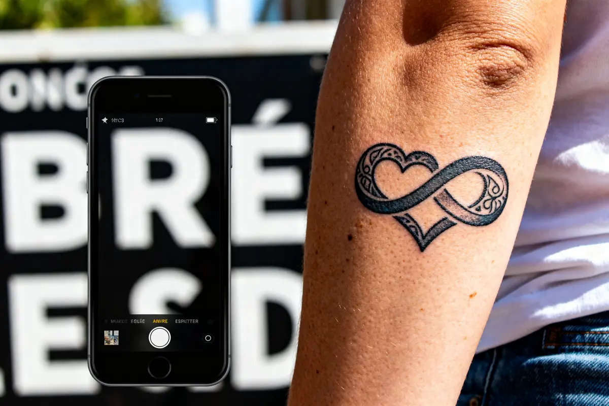 Tatouage amour et fidélité en forme d'infini avec cœur sur l'avant-bras d'une personne