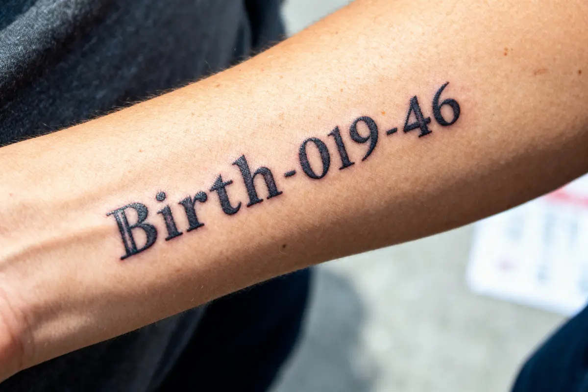 Avant-bras avec tatouage date de naissance original en chiffres noirs et lettres majuscules