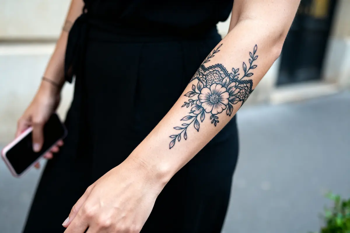 Tatouage floral pour femme sur le bras avec dentelle en fond noir