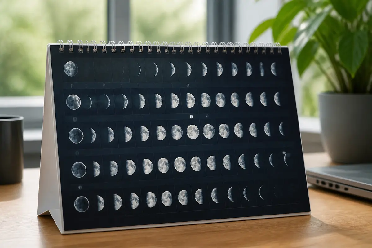 Calendrier lunaire 2025 illustrant les phases de la lune sur un bureau en bois