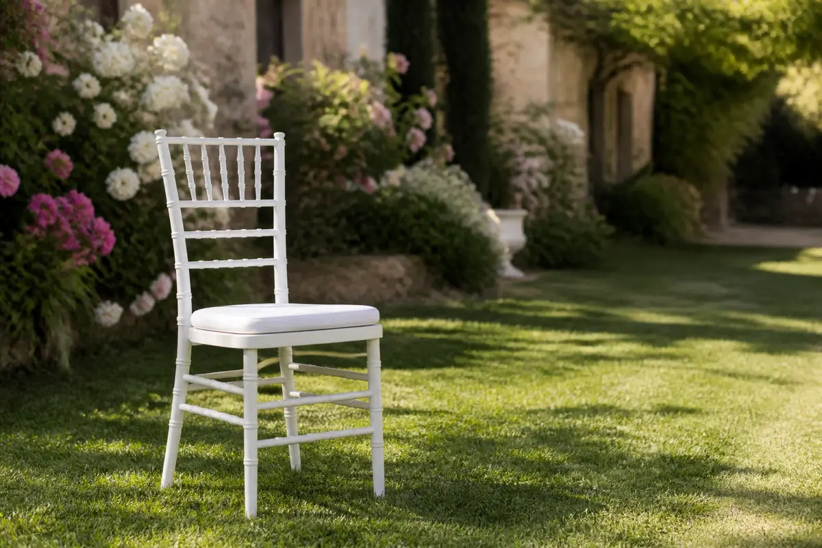 Chaise de mariage blanche dans un jardin fleuri ensoleillé avec pelouse verte