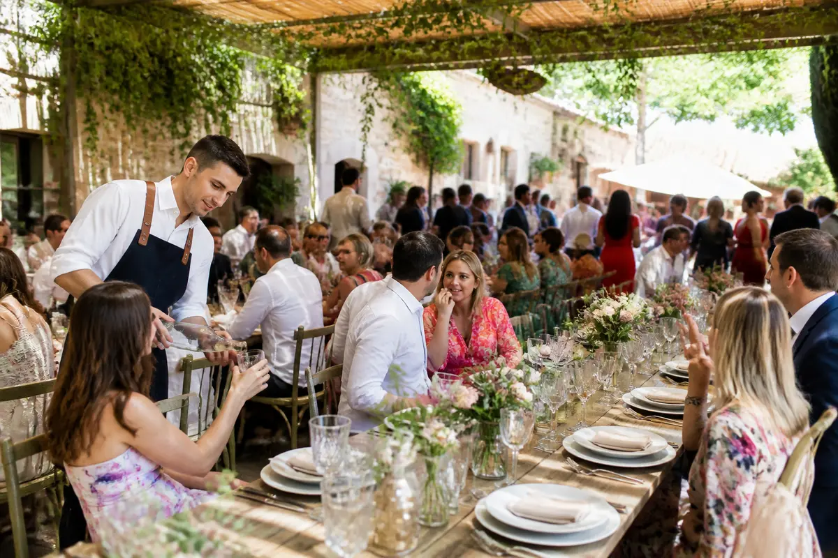 Invités d'un mariage en plein air discutant du coût moyen d'un mariage en France