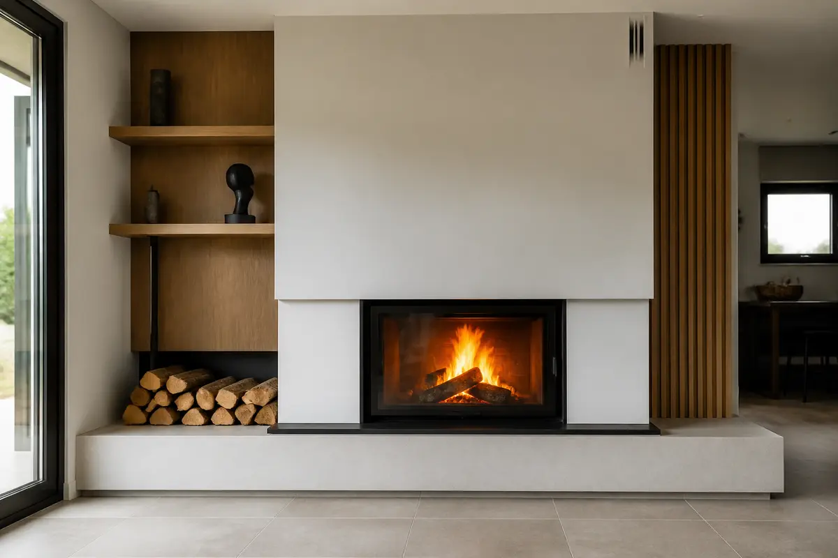 Cheminée moderne allumée avec bois, intégrée dans un élégant habillage pour cheminée minimaliste