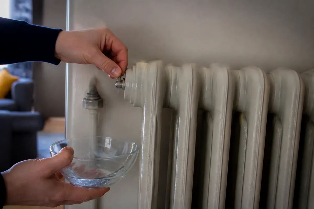 Main effectuant la purge d'un radiateur en fonte avec un bol pour recueillir l'eau