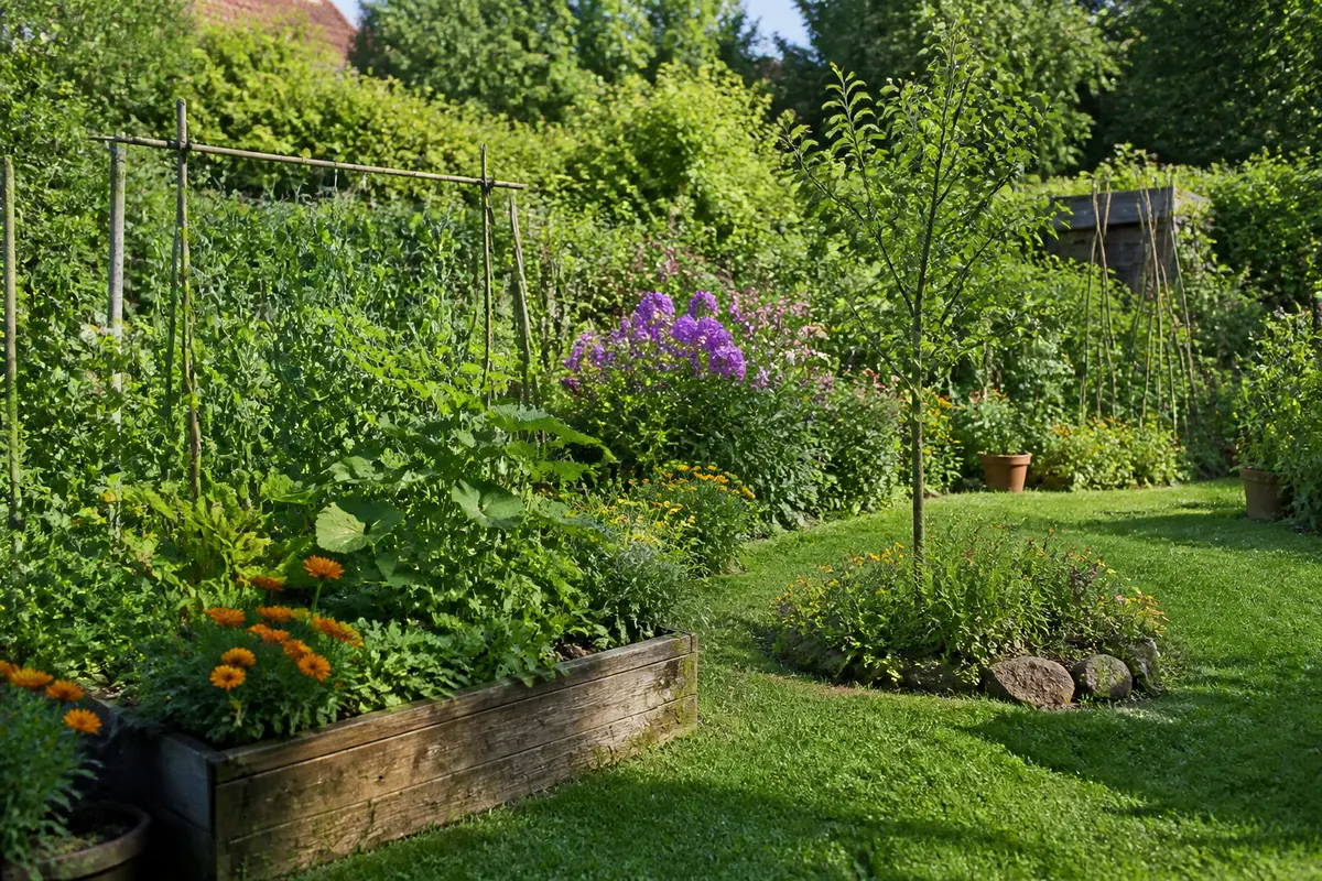 Jardin verdoyant avec parterres fleuris vibrant sur Shockgarden.com en plein été ensoleillé
